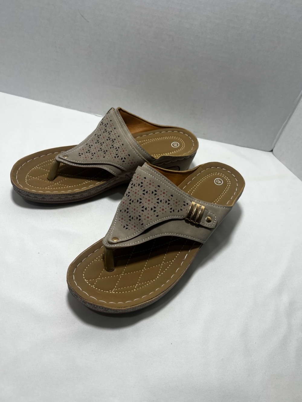 Women’s Taupe Laser-Cut Wedge Thong Sandals